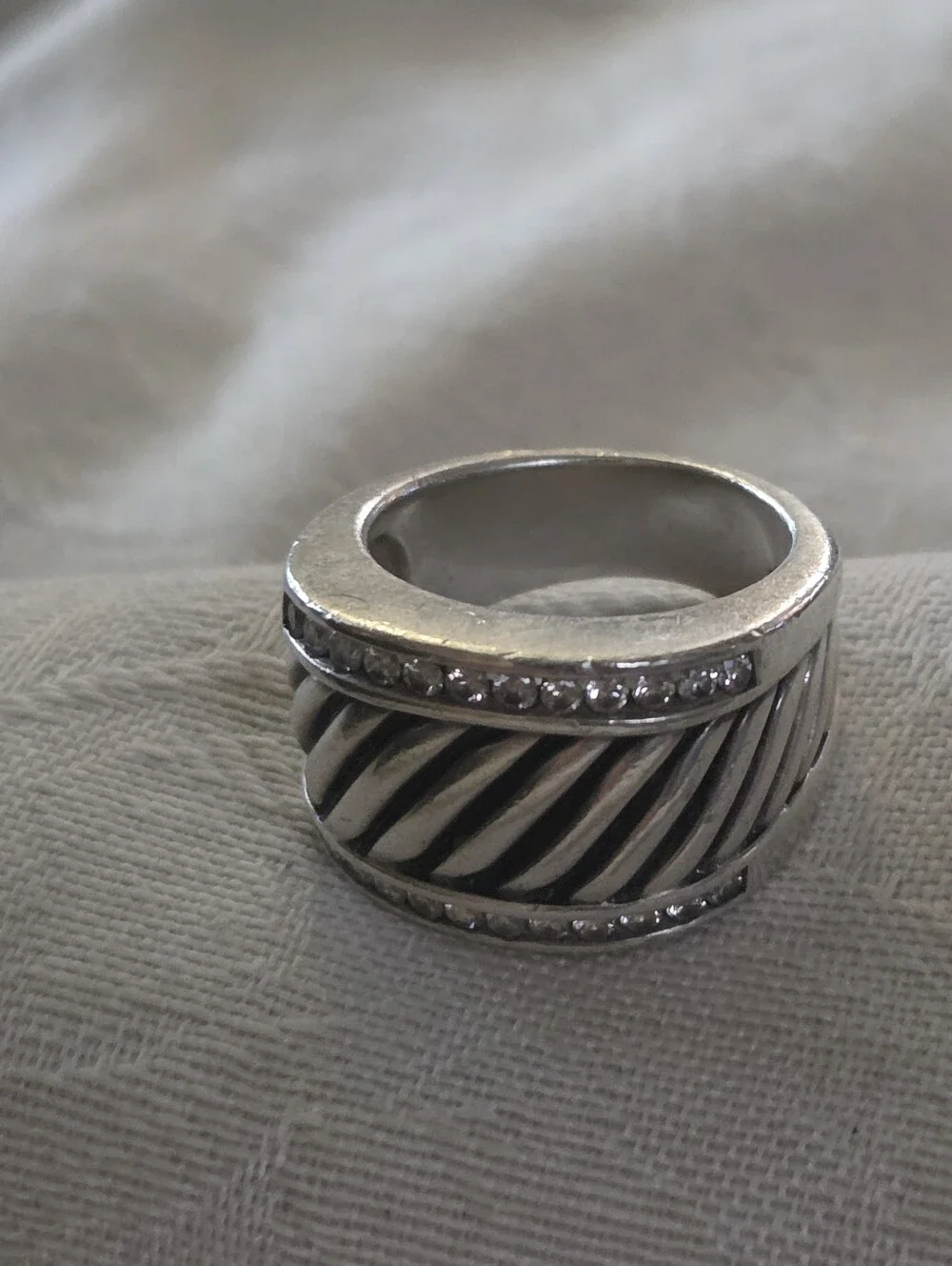 David Yurman Diamond Cable Cigar Band Ring, SS, Size 7